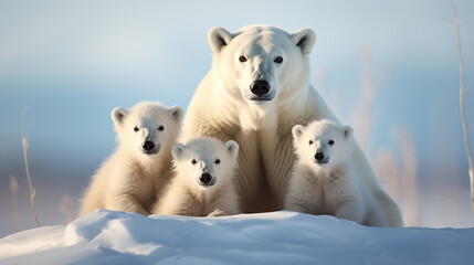 Polar bear with twin cubs photo , generate AI - obrazy, fototapety, plakaty