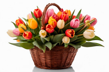 full basket filled with spring tulips isolated on transparent background