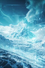 A cold snowy mountain peak with a cybernetic overlay showing information about the mountain such as how to climb to the top.  - obrazy, fototapety, plakaty