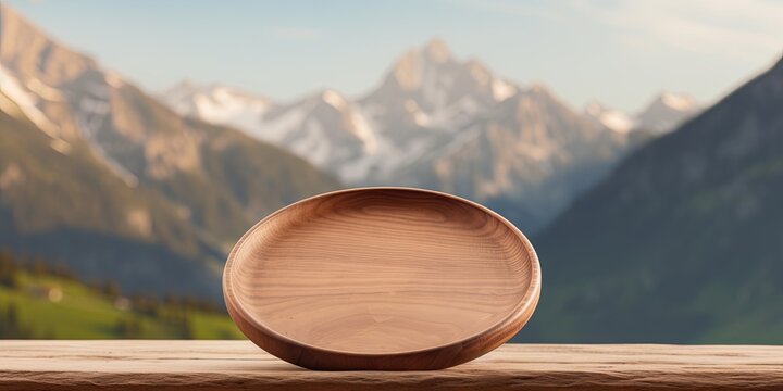 Vintage style concept with free space for copy and branding, displaying products on an empty wooden plate against a soft, blurry mountain background.