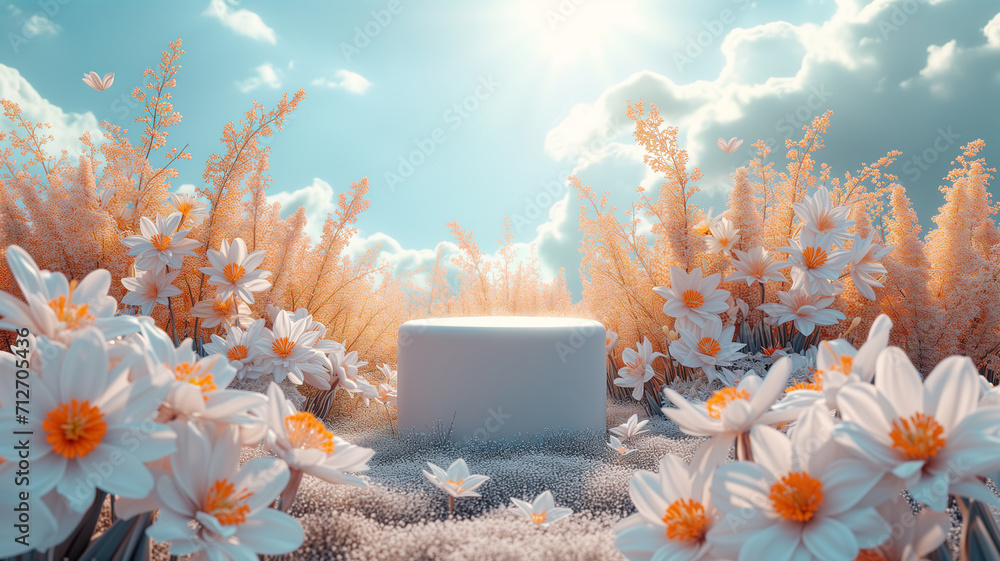 Poster white podium with daffodils in the meadow. 3d render