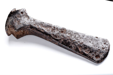 Prehistoric iron ax.Viking ax.Eastern Europe, Kievan Rus.Artifact, archaeological discoveries, search for treasures and artifacts.isolated on white background - obrazy, fototapety, plakaty