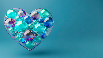 Fototapeta premium Multicolored Sphere Love Heart. Lught blue, Blue Glass and Blue Metallic Spheres arranged in a heart shape. 3D Render, blue background