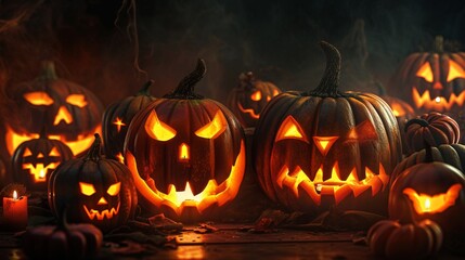 illustration of illuminated carved pumpkins with different evil faces in darkness at Halloween night