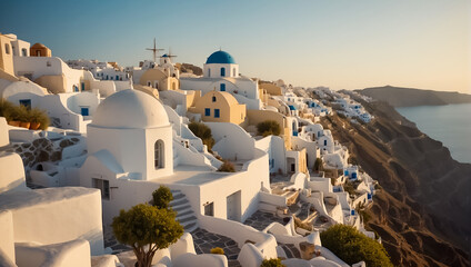 Beautiful Oia town in Greece background sunset - obrazy, fototapety, plakaty