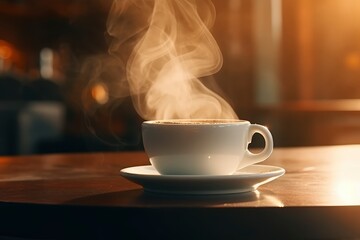 Fototapeta premium A Cup of Coffee With Steam Rising, Enjoy a Hot Beverage