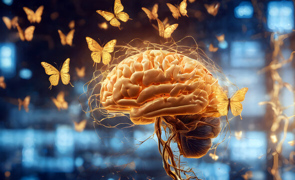 man with transparent skull, glowing neurons, brain and butterflies in neon light