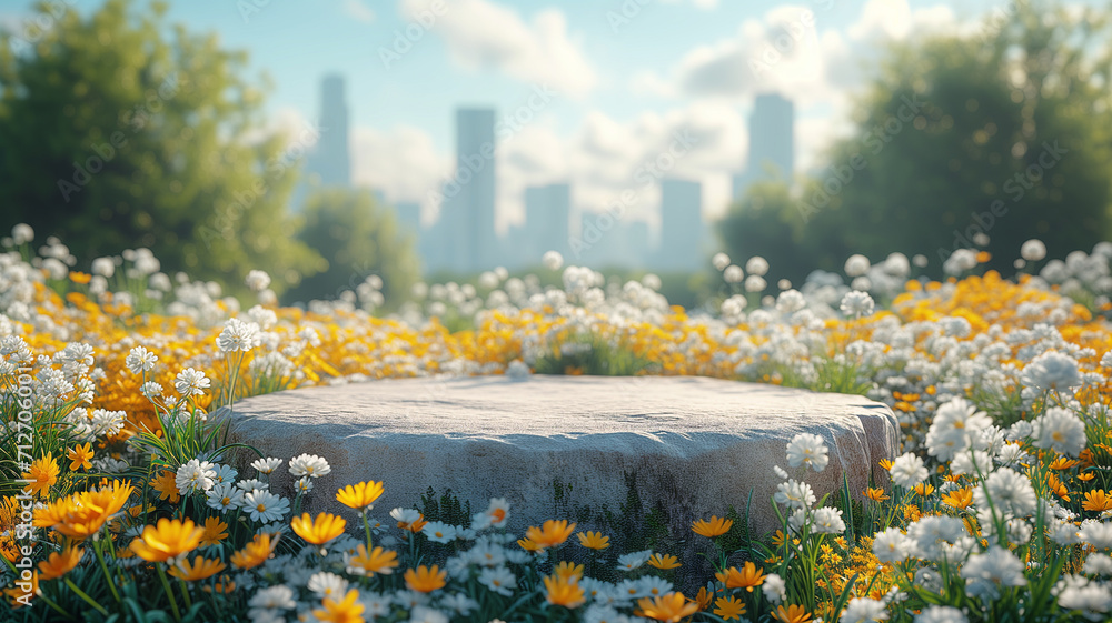 Poster empty stone platform in front of beautiful flower field. 3d rendering