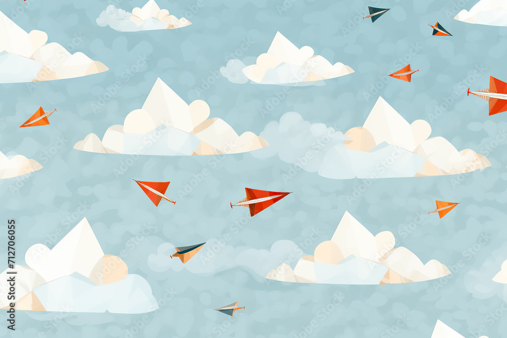 Poster whimsical pattern with floating paper airplanes and clouds