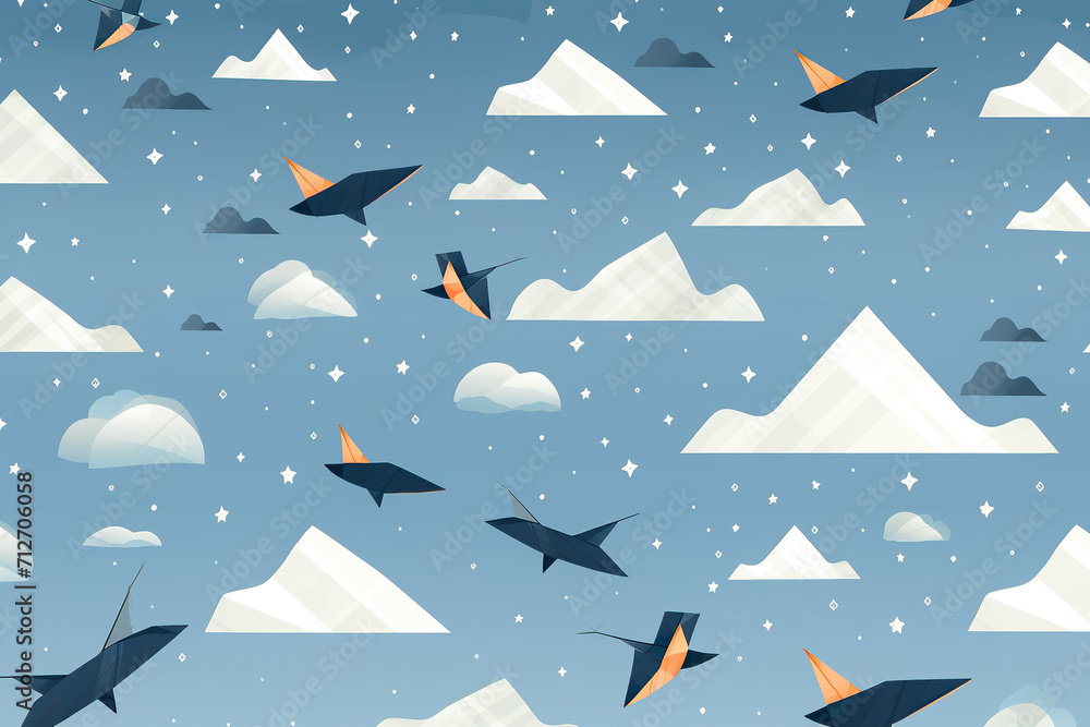 Poster whimsical pattern with floating paper airplanes and clouds