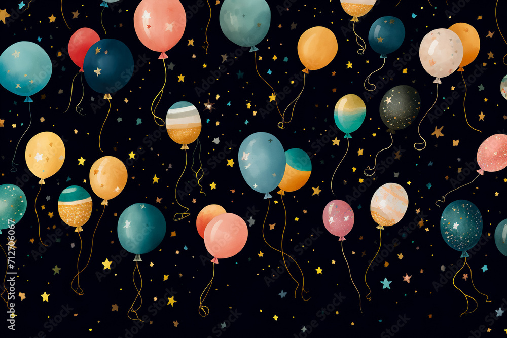 Poster whimsical pattern with floating balloons and confetti