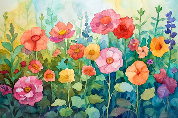 Fototapeta na wymiar watercolor painting of a flower garden