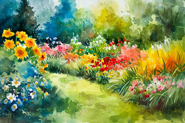 watercolor painting of a flower garden
