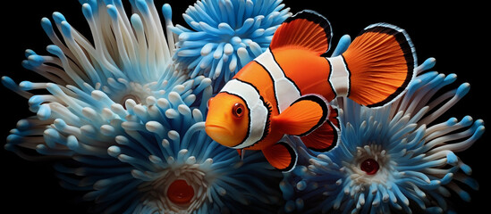 Naklejka na ściany i meble Colorful Clownfish in a Bleached Anemone . Underwater Marine Life with Bright Clownfish