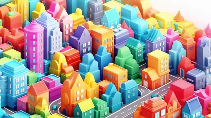 Stickers pour porte Montagnes Rainbow 3d isometric city, vibrant background