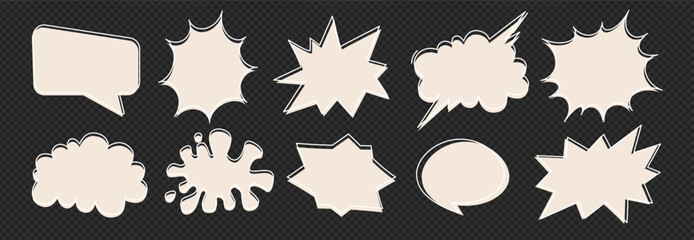 A pack of speech bubbles. Set of empty speech bubbles. Comic text sound effects collection. Banner, poster, sticker concept. Vector cartoon messages. Abstract pop art style on black texture background - 712706295