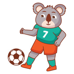A koala football game. Score a goal.Draw paths for the ball. Cute animal.Soccer player koala bear.Isolated on white background.Character cartoon vector illustration.