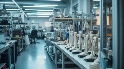 Precision in design: human legs prostheses being assembled with utmost care in modern lab - obrazy, fototapety, plakaty