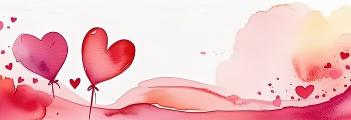 Valentines day watercolor abstract pink, red hearts pastel background banner. Perfect for Valentines Day card, romantic themed design, voucher, greeting card, wrapping paper. Concept love. Copy space.