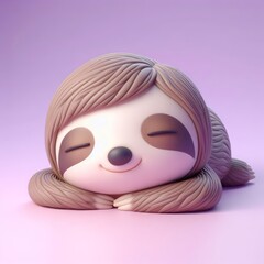 Сute fluffy brown baby sloth toy sleeping on a pastel purple background. Minimal adorable animals concept. Wide screen wallpaper. Web banner with copy space for design.