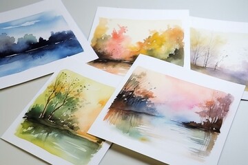 A collection of watercolor landscapes near a river. Generative AI