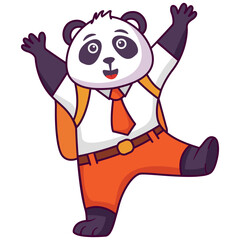 Cartoon panda going to school.A joyful cute lion cub in a school uniform with bag .Kid kawaii tropical animal go to school.Animalistic childish character.Cute animal student.Back to school.