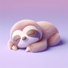 Сute fluffy brown baby sloth toy sleeping on a pastel purple background. Minimal adorable animals concept. Wide screen wallpaper. Web banner with copy space for design.
