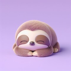 Сute fluffy brown baby sloth toy sleeping on a pastel purple background. Minimal adorable animals concept. Wide screen wallpaper. Web banner with copy space for design.