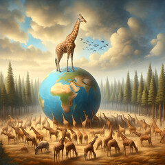 The giraffe stands on the big globe with a nice view of nature image for World Wildlife Day.