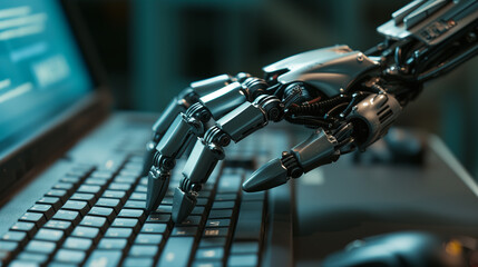 Fototapeta na wymiar Close-up of robot hands skillfully typing on laptop keyboard, advanced automation technology