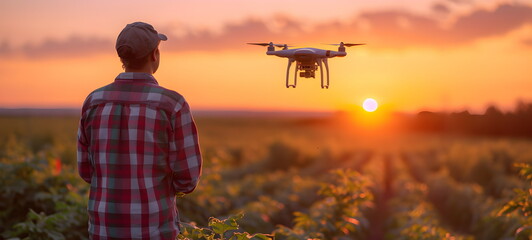quadcopter and gardener in a vegetable field against sunset background