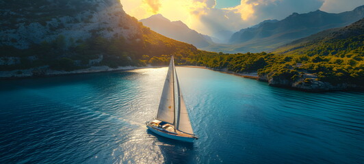 A yacht in the ocean sails into the sunset