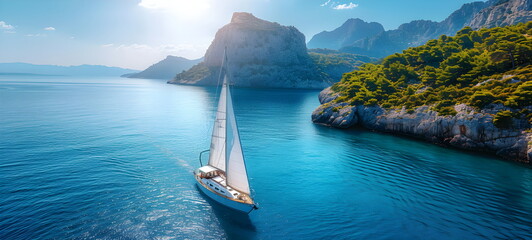A yacht sails on the ocean in summer. Active recreation