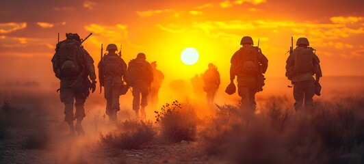 Soldiers in uniform walk into the sunset - obrazy, fototapety, plakaty