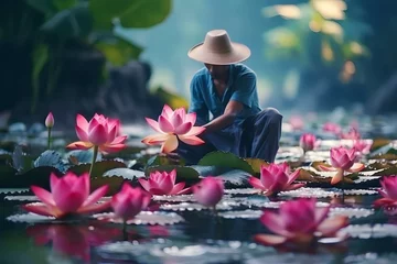 Foto op Canvas Asian man collecting pink lotus flowers in the river. Thai people's culture © A Denny Syahputra