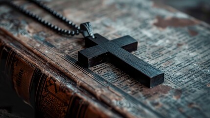 On a Bible rests a wooden Christian cross necklace. The rustic texture of the cross contrasts with the softness of the Bible. Concept symbolizing faith and devotion.