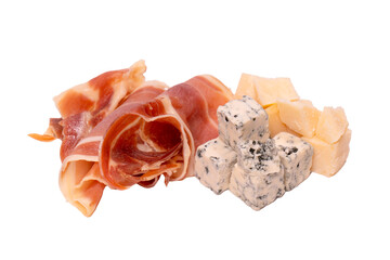 Cheese, olives, salami, jamon isolated on a white backgrund.