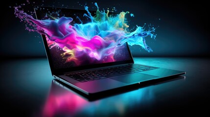 Laptop with color splash on black background