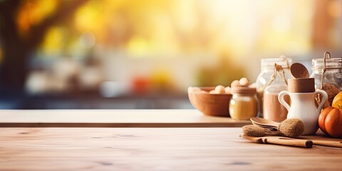 Blurred background with various kitchen objects and an empty wooden table.