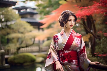Beautiful young japanesse Asian woman wearing traditional kimono dress at japan park home