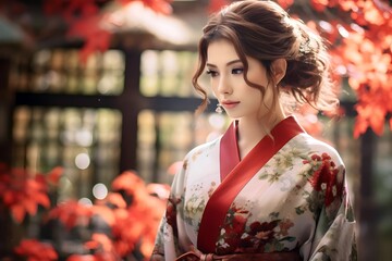 Obraz premium Beautiful young japanesse Asian woman wearing traditional kimono dress at japan park home