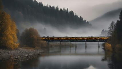 fog over the river   A train that crosses a bridge over a river in a foggy morning. The train is black and yellow,  