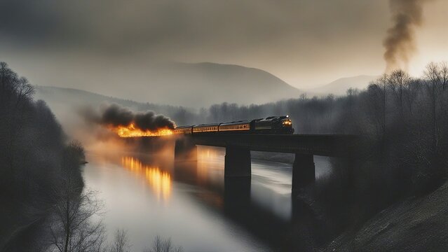 sunrise over the river   A burning train on fire, exploding, that crosses a exploding bridge being blown up, over a river 