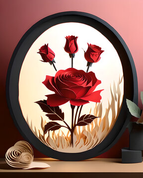 Picture art, red roses in a vase on a table, rose background. rose art, valentines day, valentines pic, paper art