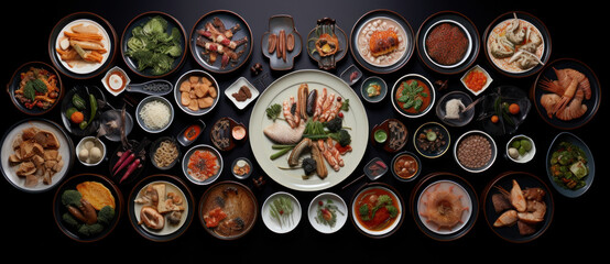 A sumptuous spread of Korean cuisine, artfully arranged, offering a feast for the senses with diverse flavors - obrazy, fototapety, plakaty