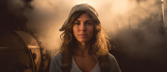 Woman in a newsboy cap, her gaze piercing through the mystique of steam and soft backlight - obrazy, fototapety, plakaty