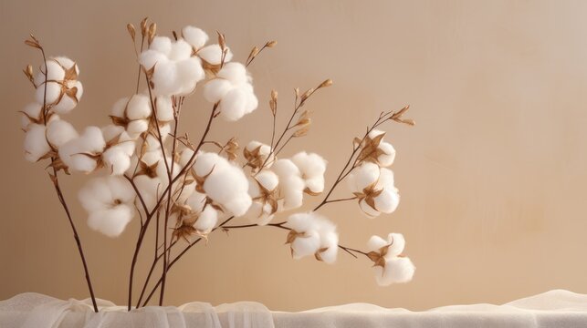 Dried fluffy cotton flower branch on a beige background