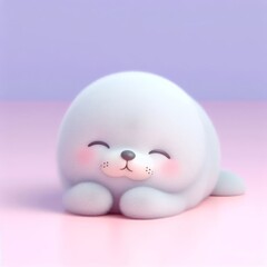 Сute fluffy baby white-coat seal toy sleeping on a pastel purple background. Minimal adorable animals concept. Wide screen wallpaper. Web banner with copy space for design.
