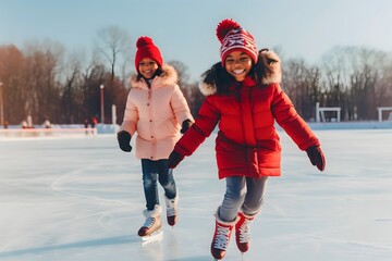 girls kid skating on ice frozen