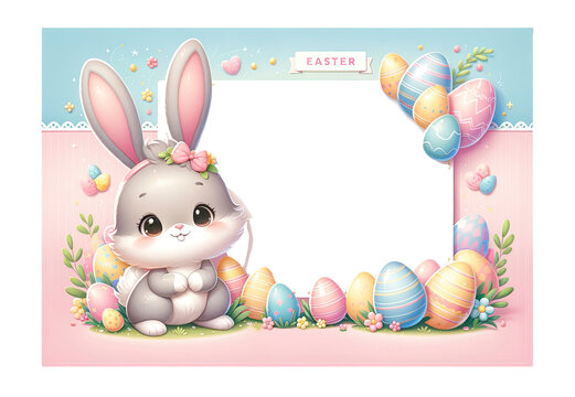 Easter Bunny and Eggs in Picture Frame. Copy Space .